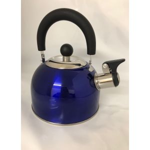 Blue traditional dome shaped whistling kettle with black handle 
