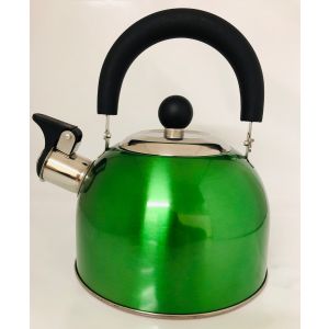 Green traditional dome shaped whistling kettle with black handle 