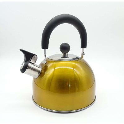 Gold traditional dome shaped whistling kettle with black handle