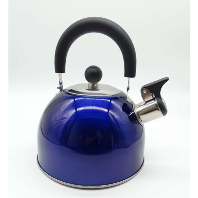 Blue traditional dome shaped whistling kettle with black handle 