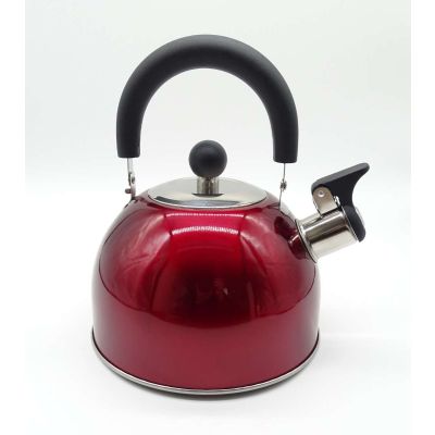 Red traditional dome shaped whistling kettle with black handle