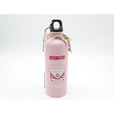 Pink Dinking Bottle with Let the Adventure Begin with a red VW Campervan on the front