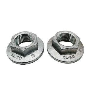 Front view of a pair of AL-KO 32mm One Shot flanged hub nut for caravans and trailers