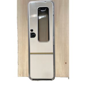 Bailey Series 5 Senator Indiana Main Habitation Door, Right-Hand hinged. Does not come with keys or barrel. It is a new frame with a used door, the door has 2 small marks, the door bin has splits in the plastic and the internal door plastic has yellowed.