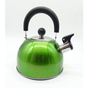 Green traditional dome shaped whistling kettle with black handle 