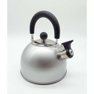 Chrome grey traditional dome shaped whistling kettle with black handle 