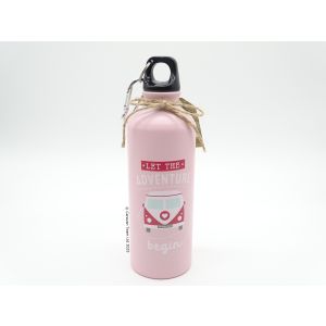 Pink Dinking Bottle with Let the Adventure Begin with a red VW Campervan on the front