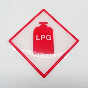 Diamond shaped sticker with red gas canister marked LPG on a white background with red border