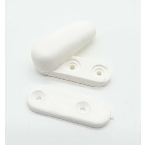 Opened white turn buckle showing 2 screw holes with separate oval shaped resting plate